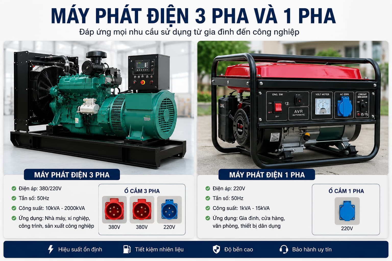 Máy phát điện 3 pha và 1 pha